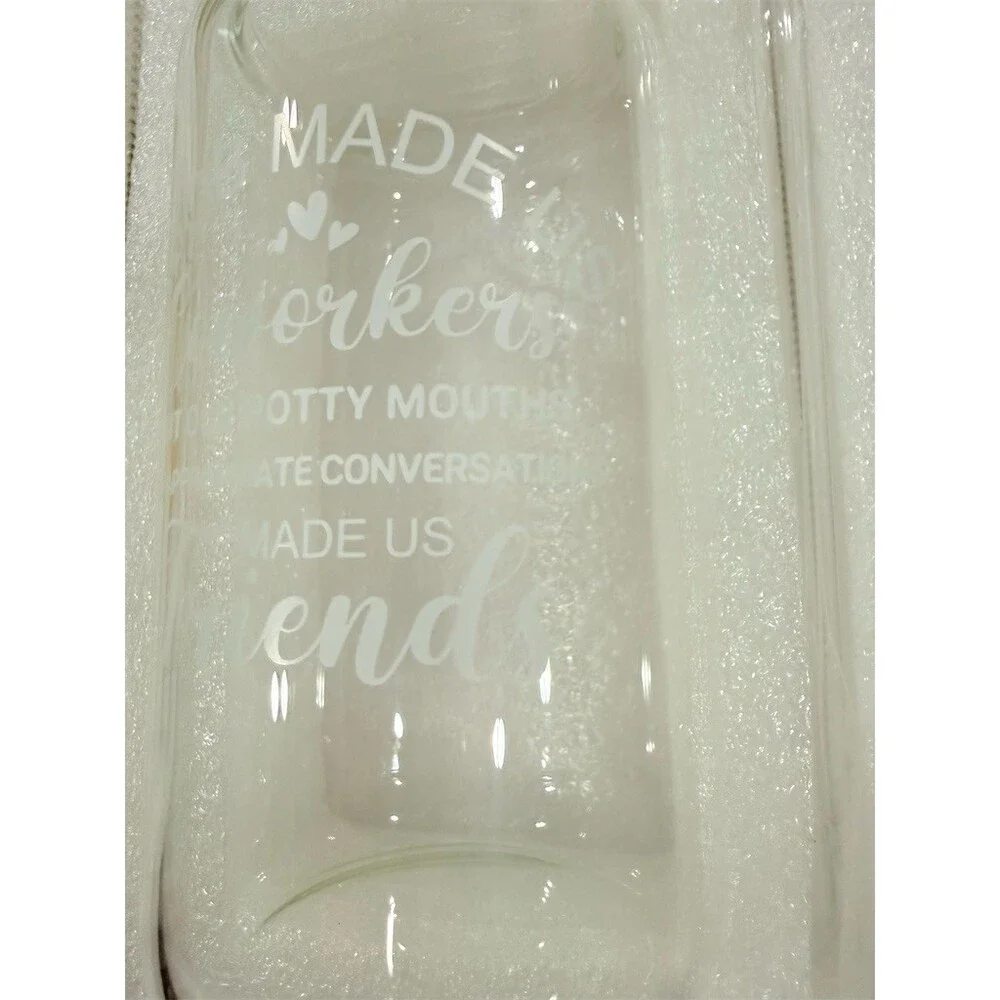 Cute Gift Glass Can Tumbler Clear Coworker Friendship Quote Lid Straw new 2 lids